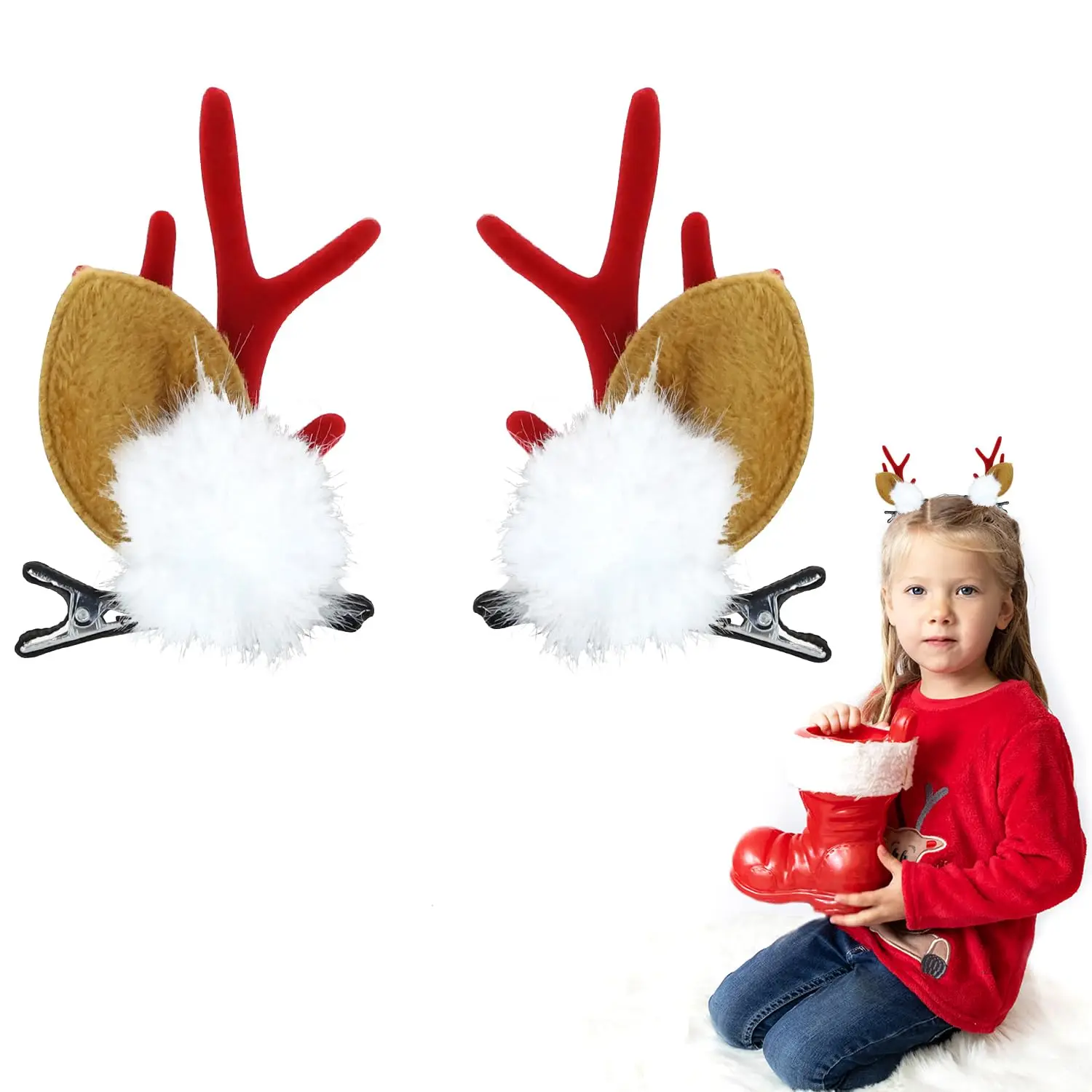 2 قطعة قرون الرنة عيد الميلاد مقاطع الشعر ، لطيف عيد الميلاد الغزلان القرن دبابيس الشعر مع بوم بومس ، إكسسوارات الشعر احتفالية لعيد الميلاد