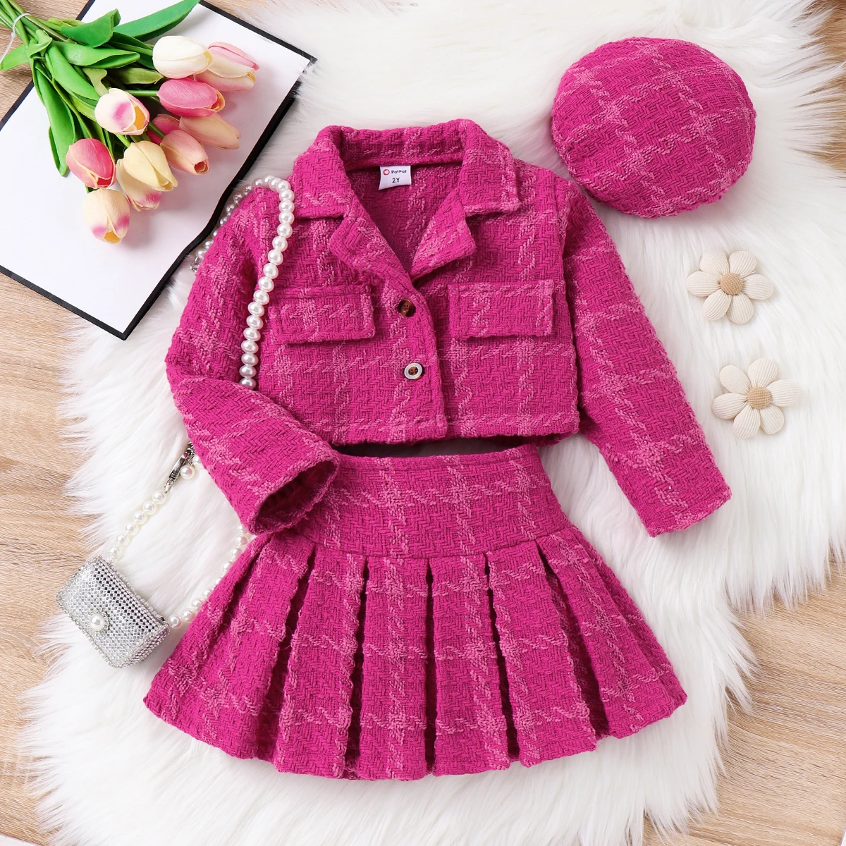 PatPat 3pcsToddler Girl's Solid Color Classic Grid Houndstooth Suit Dress Set with Hat