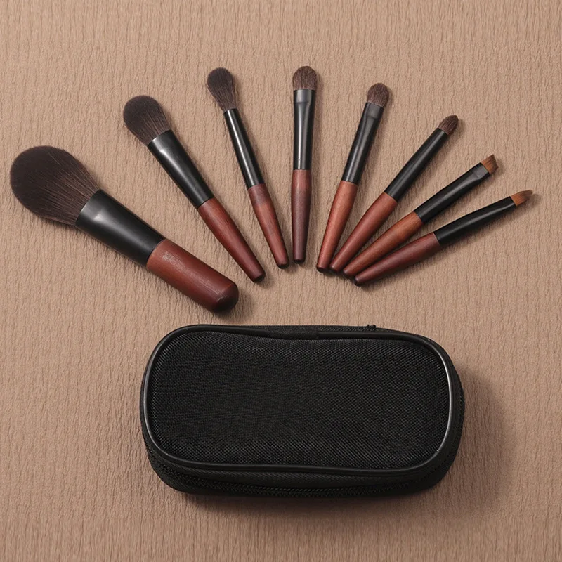 12本入りミニポータブルメイクブラシセット、収納ブラシバッグ付き、木製ハンドル、山羊毛、アイシャドウ、ステップリング、パウダーブラシ用