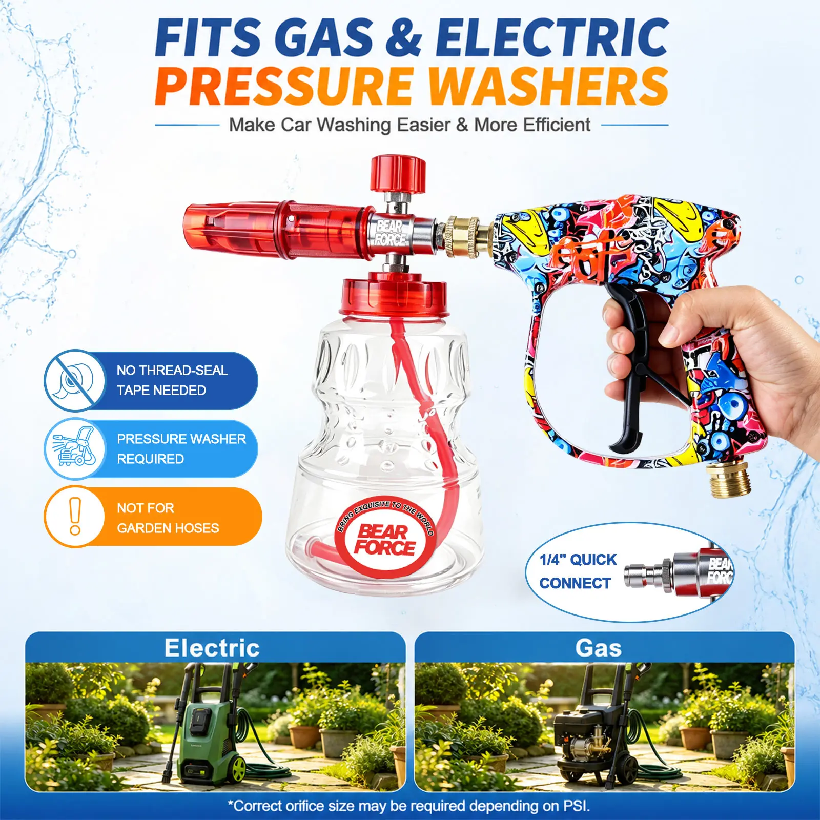 BEAR FORCE Pressure Washer Spray Gun Power Washer Short Gun with M22 Inlet-14mm & Foam Cannon Foam Gun with 5 Nozzles Tips #035 & 3/8'' Quick Connector, Additional Orifice Nozzle 1.10mm Car Washing