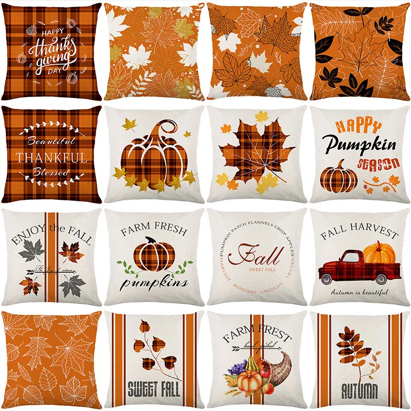 Autumn Maple Leaf Pumpkin Waterproof Pillowcase 45*45 Fall Decor Grateful Thanksgiving Throw Pillow Covers Home Cushion Cover