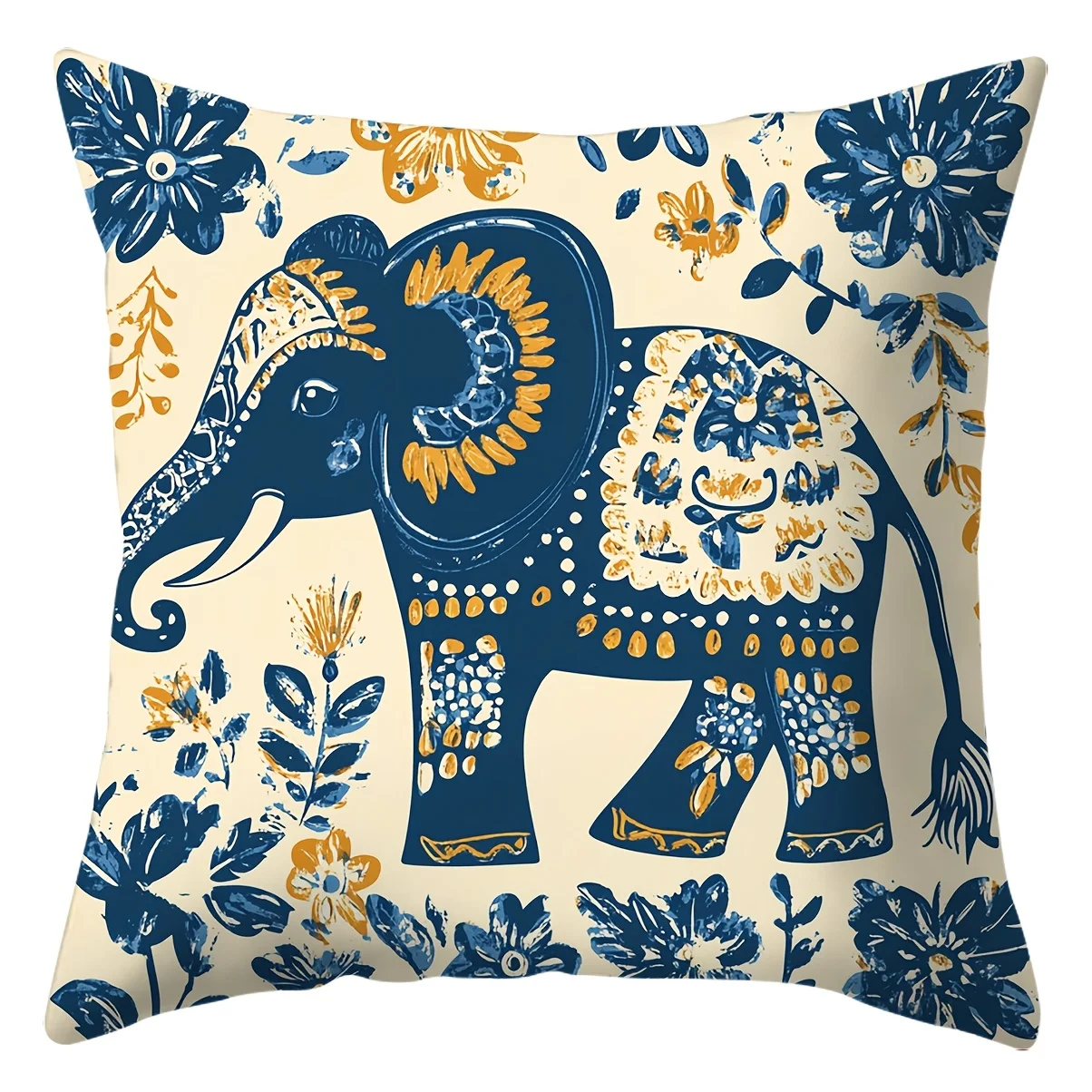 Juego  4 fundas  estilo bohemio con diseño  elefante y flores, disponibles en tamaños  40.64X40.64 cm, 45.72X45.72 cm y