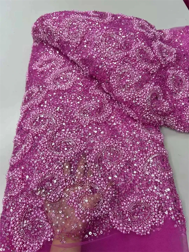 Latest African Sequins Lace Fabric 2025 High Quality Lace Embroidery Lace Heavy Beaded Fabric 5 Yards For Wedding Party Dresses