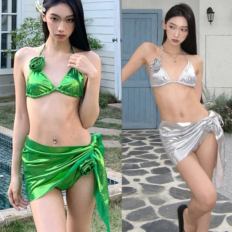 نساء بدلة السباحة المعدنية ملابس السباحة مع التستر على الشاطئ