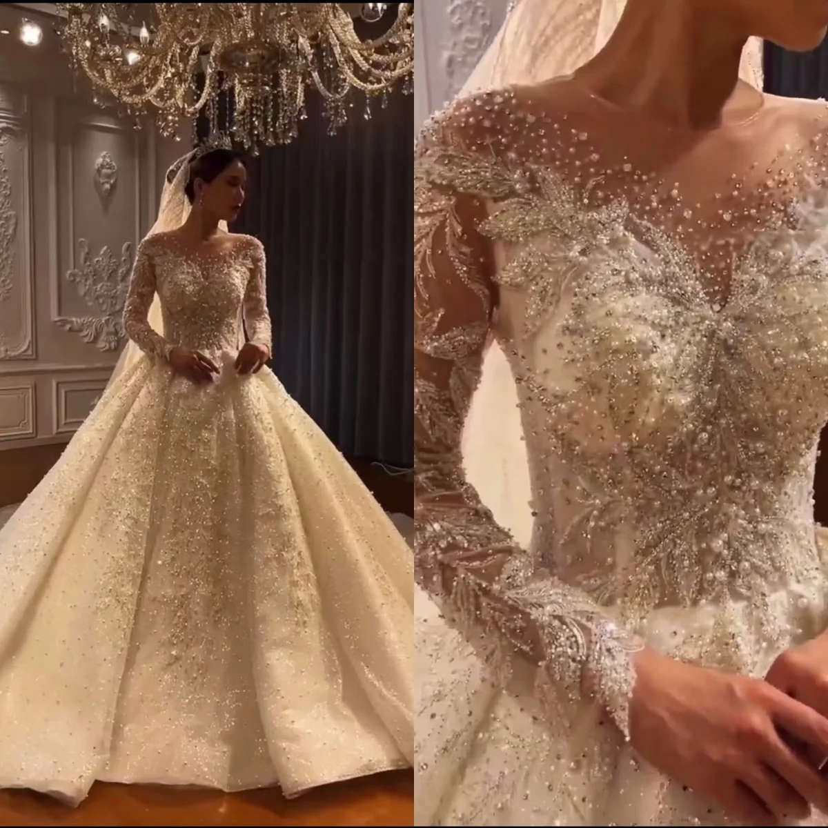 

Customized New luxury large skirt wedding dress round neck long sleeved pearl embroidery sequin pearl Plus Size Vestido De Novia