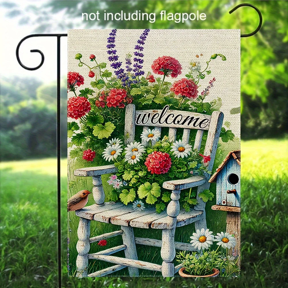 1pc Spring Summer Wildflowers Bird Wooden Chair Welcome Garden Yard House Flag, Double Sided 12x18in, Vibrant Floral Design with