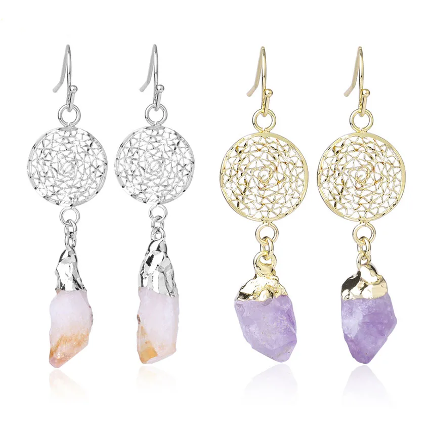 Irregular Crystal Stone Earrings For Women Natural Amethyst Citrine Quartz Reiki Round Net Dangle Hook Women's Earring Jewelry