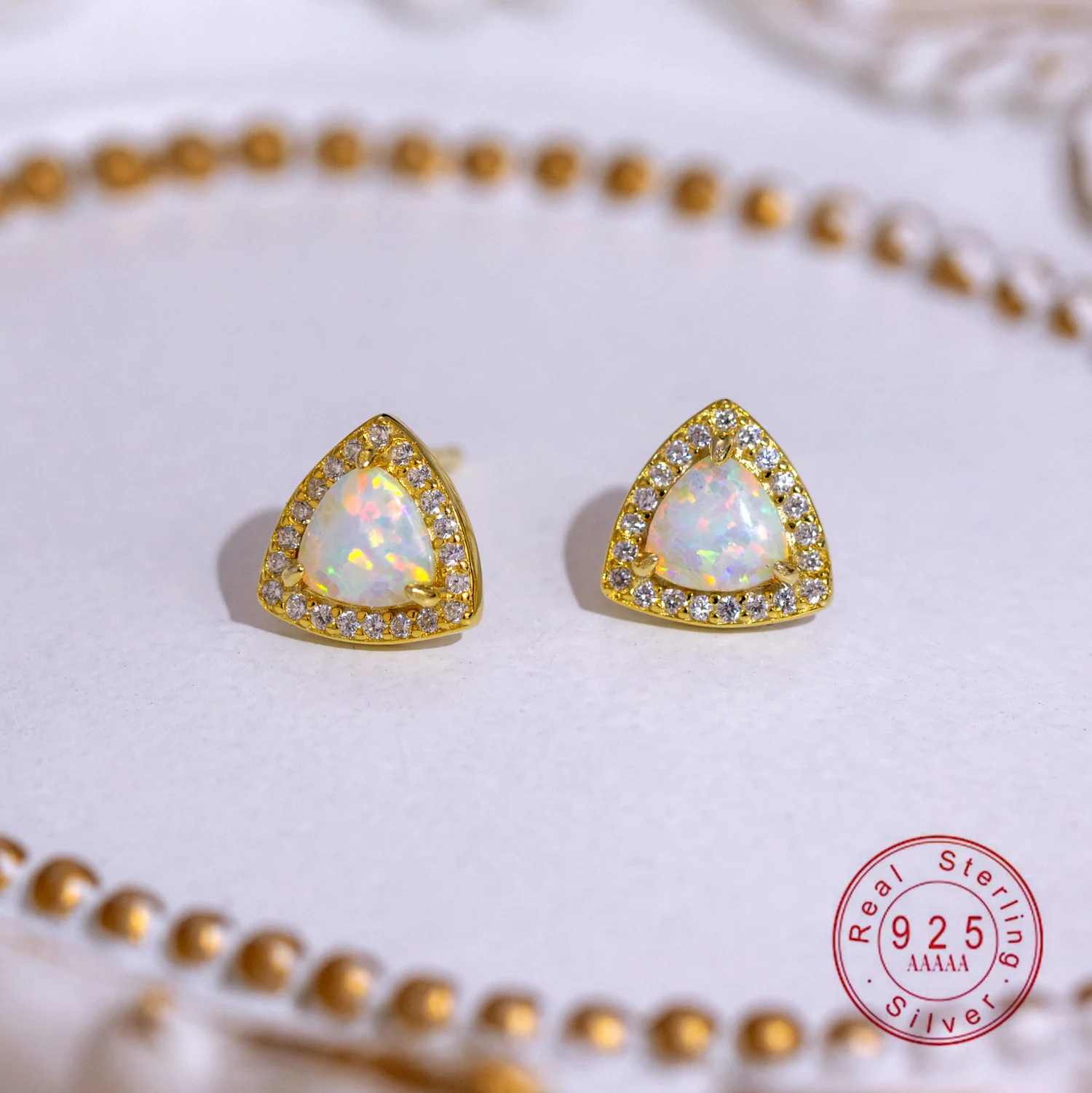 Triangular Colorful Opal Stud Earrings 925 Sterling Silver Gold Plated with Cubic Zirconia Earrings for Women, Elegant Daily