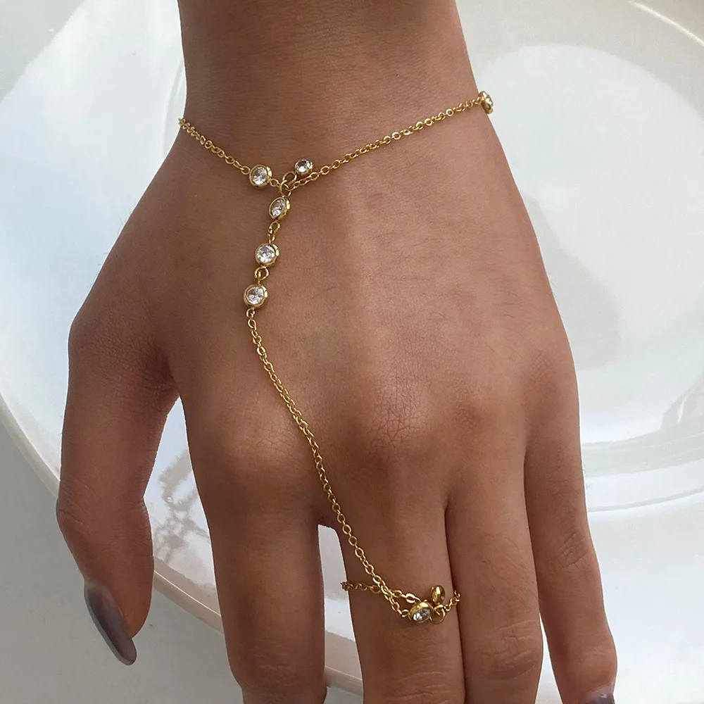 YHTOT Minimalist 18K Gold Color Plated Stainless Steel Zircon Multi layer Finger Bracelet for Women Party Gift