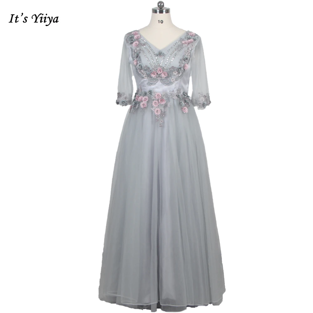 

It's YiiYa Gray Tulle Evening Dress Beading Appliques V-neck Half Sleeves A-line Floor Length Plus size Women Party Dresses G008