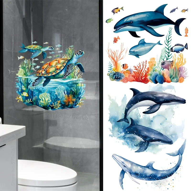 Ocean Animal Wall Stickers for Bathroom Shower Room Sea Turtle Whale Seaweed Coral Wall Decals Bathtub Home Decoration Murals