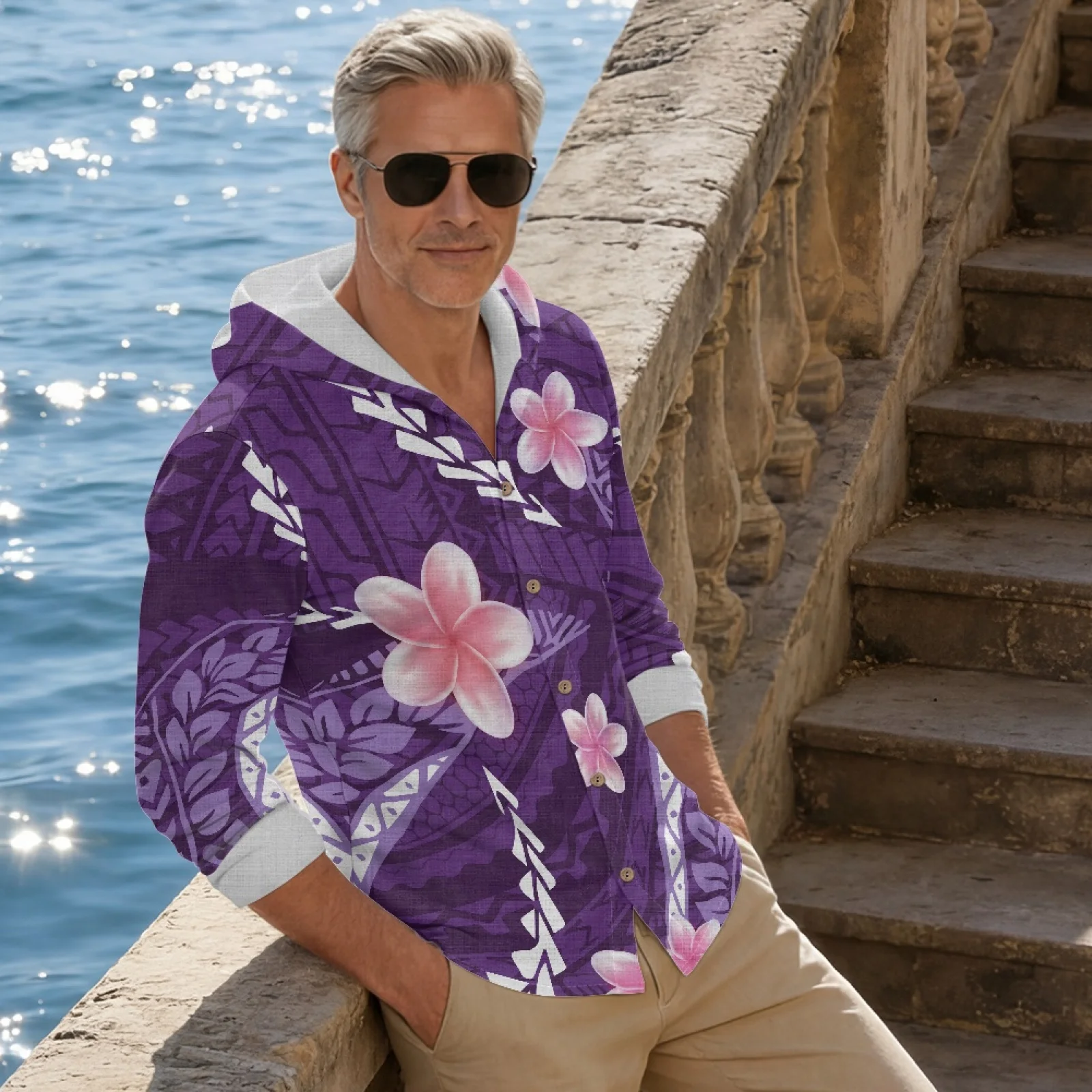 PENSTROLL Purple Floral Linen Style Casual Hoodie Button Up Workout Hoodies for Summer Size S-3XL