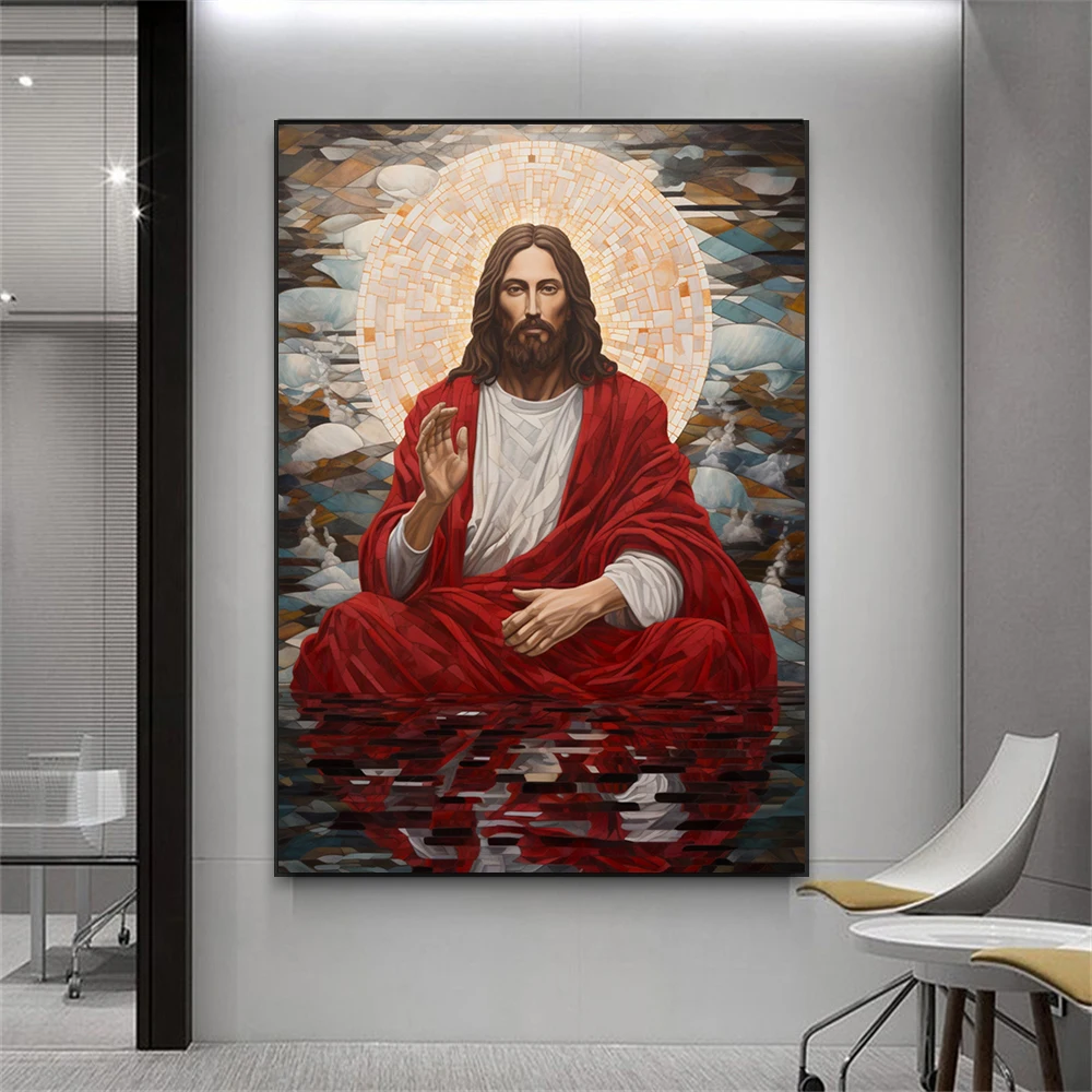 Christian Wall Art Poster Jesus Meditation Vintage Portrait Prints Red Robe Jesus Oil Painting Print Bible Verse Canvas Painting