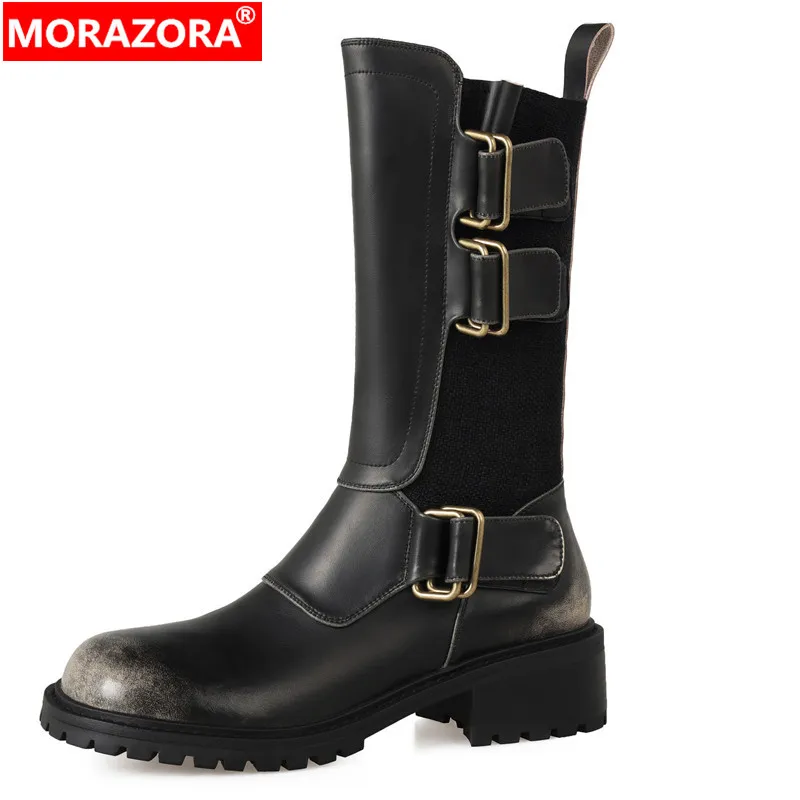 

MORAZORA 2024 New Genuine Leather Platform Motorcycle Boots Retro Buckle Mid Calf Boots Square Med Heels Winter Boots