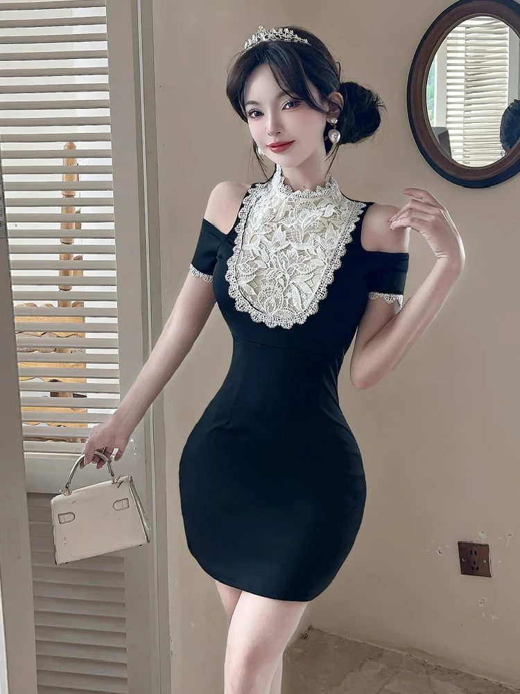 

Ретро-платье в стиле Хепберн с кружевными вставками, коротким рукавом, сексуальное, милое, пикантное, с открытыми плечами, облегающее, для молодых женщин