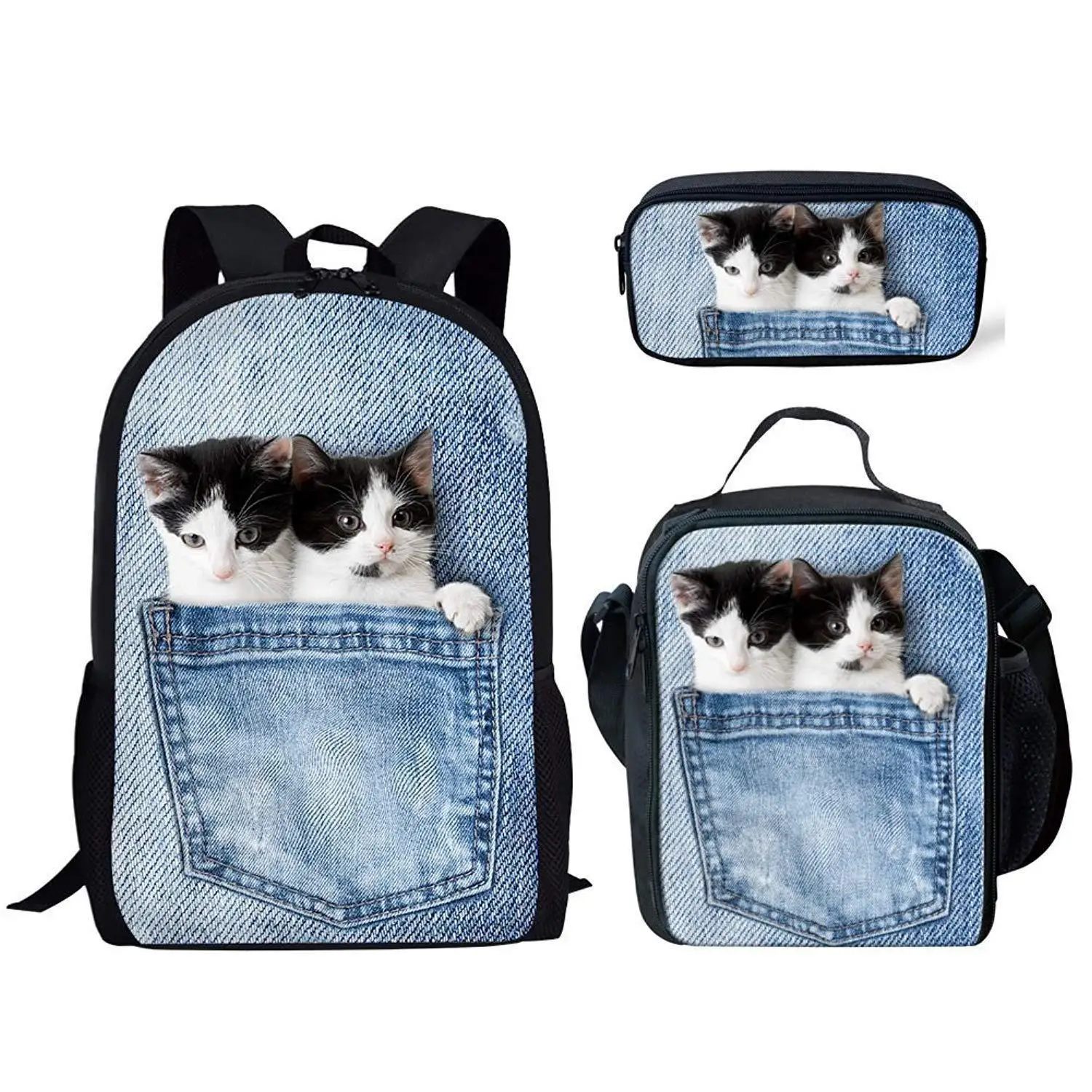 Hip Hop Youth Denim Pocket Cat/Dog 3D Print 3 pcs/Set, bolsas de viaje para estudiantes, mochila para portátil, bolsa de almuerzo, estuche para lápices