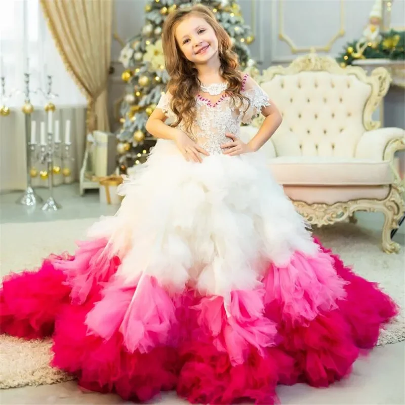 ที่กําหนดเอง Elegant ดอกไม้สาวชุดสําหรับงานแต่งงานลูกไม้ประดับด้วยลูกปัด Fluffy Ball Gown สาวชุดจูเนียร์ชุดเพื่อนเจ้าสาว