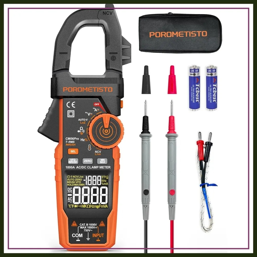 

6000 Counts True RMS Clamp Meter 1000A AC/DC with VFD LoZ NCV Inrush Flashlight