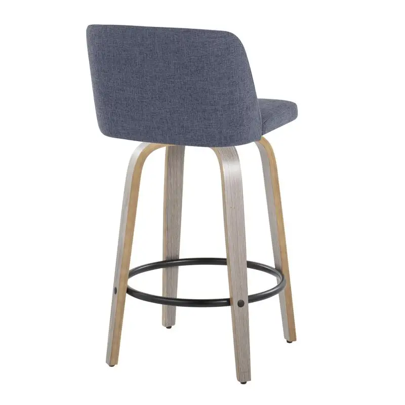 ชุดเก้าอี้เคาน์เตอร์แบบปรับความสูงได้รุ่นร่วมสมัยขนาด 26 นิ้ว จำนวน 2 ตัว พร้อมที่หมุนได้ ไม้สีเทาอ่อนและผ้าสีน้ำเงิน ที่พักเท้าโลหะสีดำทรงกลม