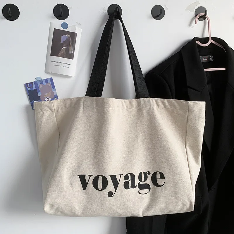 Вместительная Холщовая Сумка-тоут с надписью «Voyage», Повседневная сумка через плечо для женщин, универсальная прочная дорожная и хозяйственная