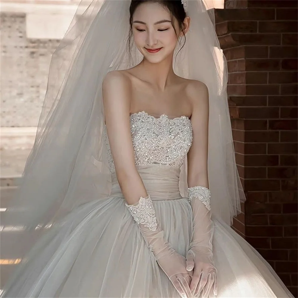 Classic Wedding Dresses A-Line Bridal Gowns Sequin Appliques Strapless Backless Robes For Party Vestidos Customized 073