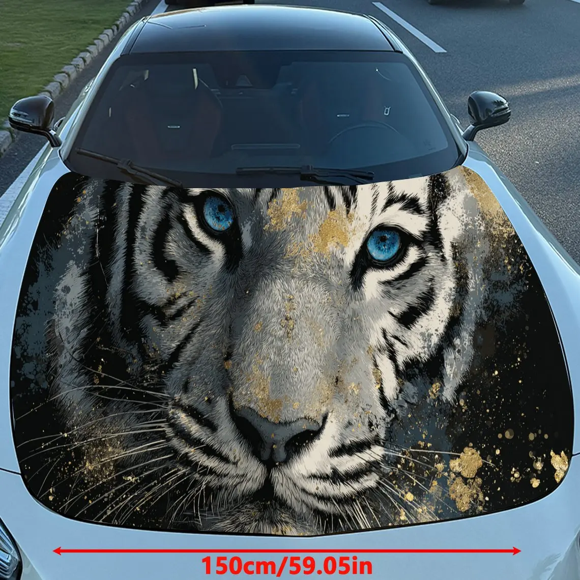 Car Decal Tiger with Blue Eyes in Artistic Background with Gold Speckled Elements & Fierce-Colorful Visual Details Car Hood Stic