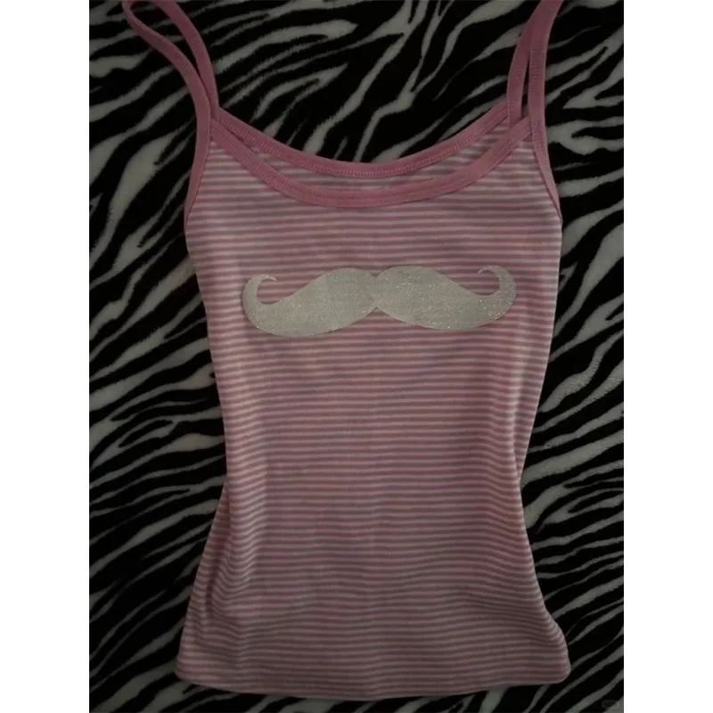 American Retro Beard Print Pink Striped Sling Vest Women's Summer New Design Slim and Thin Top