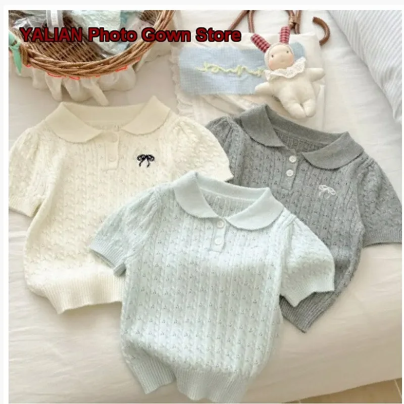 Women's Knit Top Baby Girl Summer Round Neck Short Sleeves Butterfly Knot Fold Collar Stylish Fashionable Beautiful
