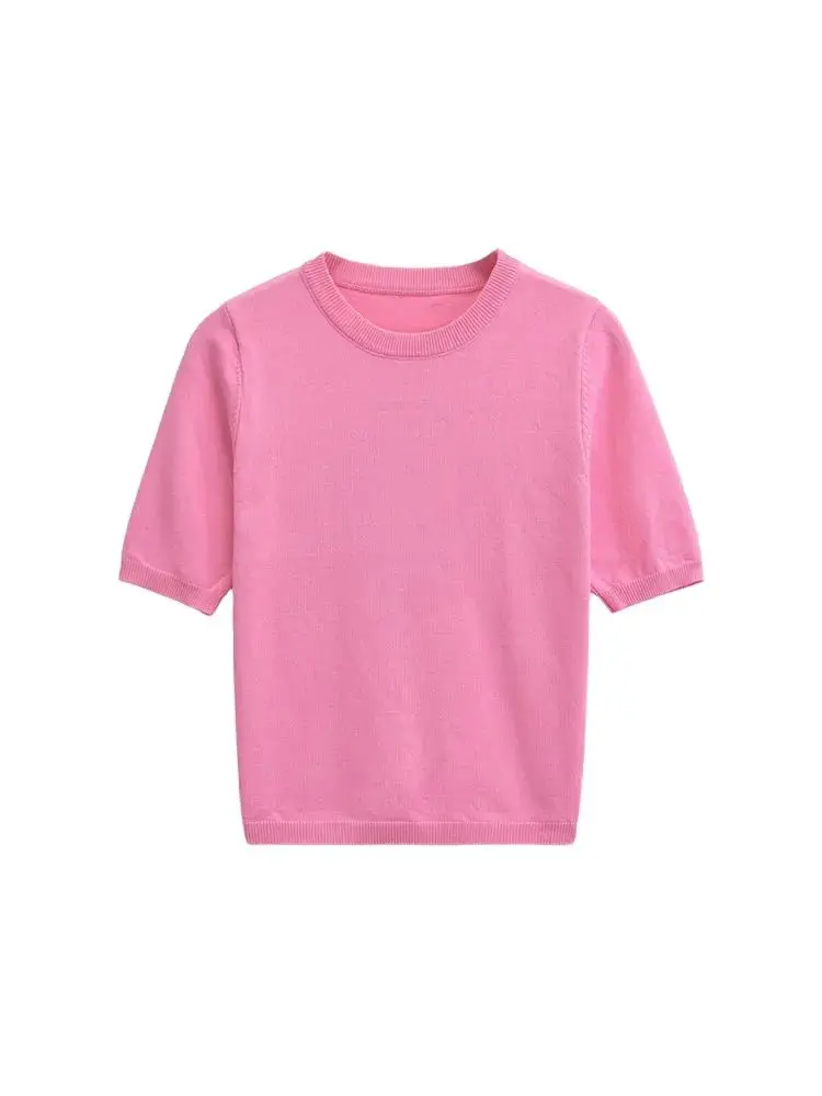 Maglione lavorato a maglia a righe da donna O-Collo Manica corta Pullover alla moda chic Top Maglieria femminile elegante ed basic