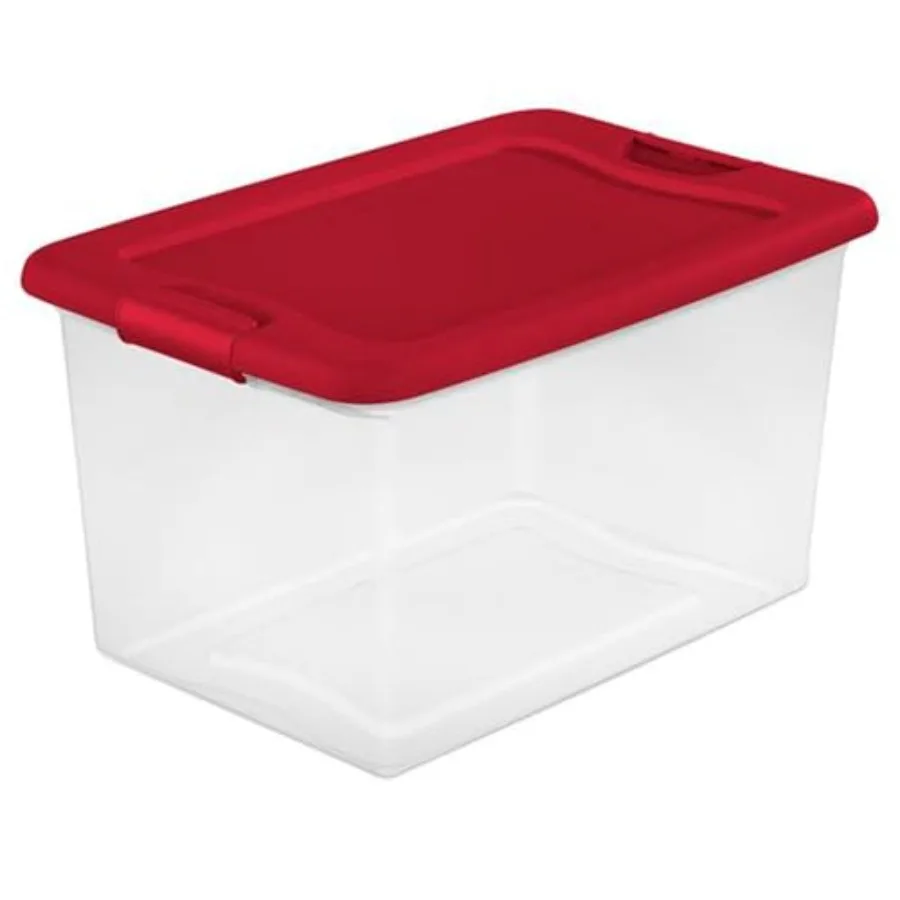 

64 Qt Latching Storage Box Stackable Bin with Latch Lid Organize Holiday Decor in Closet Clear Base with Red Lid 6-Pack
