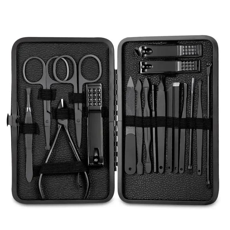 

7-18 piece set of black stainless steel nail clippers complete set of nail clippers acne needles foot clippers beauty pliers