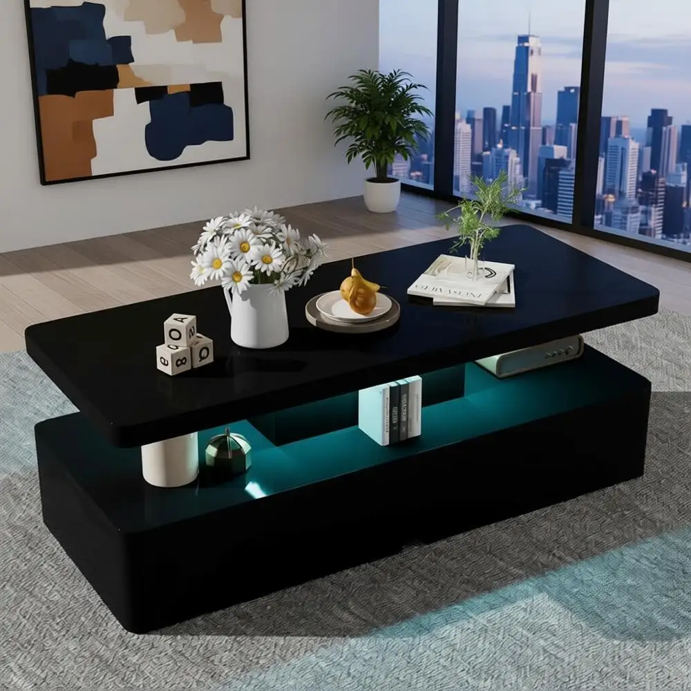 

40 Contemporary LED Coffee Table, 2-Level Storage, High Gloss Black Living Room Centerpiece