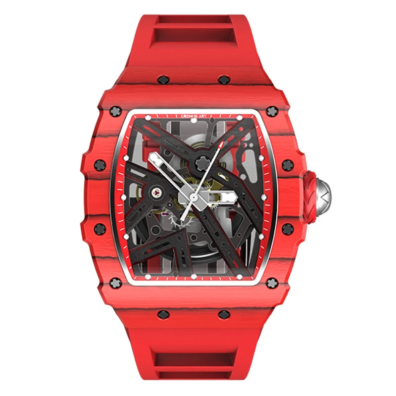 

CRONUSART Men Automatic Watch 50mm Tonneau Mechanical Wristwatch NTPT Carbon Fibre Luminous Fluororubber Strap Skeleton Dial