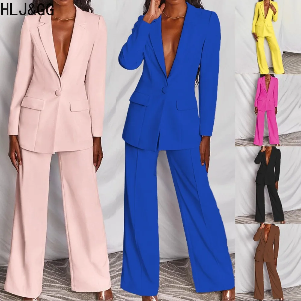 

HLJ&GG Elegant Lady OL Slim Blazer Two Piece Sets Women Turndown Collar Button Long Sleeve Coats + Straight Pants Outfits Spring