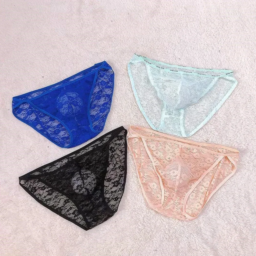 Sexy Men Lace Mesh Transparent Sheer Bulge Pouch Bikini Briefs Thongs Underwear Underpants Tempting Oversized Mens Briefs Shorts