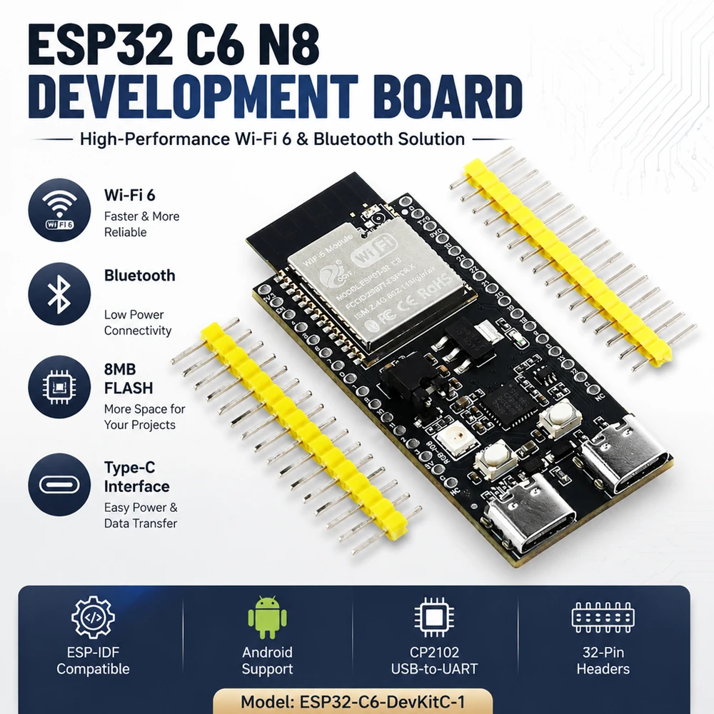 ESP32 C6 N8 Development Board Module WiFi 6 BT J5 32PIN CP2102 TYPE‑C 8M FLASH WiFi6 for Android ESP‑IDF IDE ESP32‑C6‑DevKitC‑1