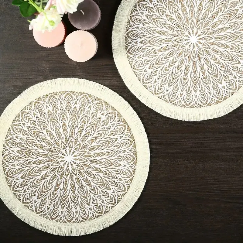 1 Piece Of Jute Fabric Dining Mat, Modern Geometric Pattern Tassel Edge Round Table Pad, for Bedroom, Living Room, Kitchen