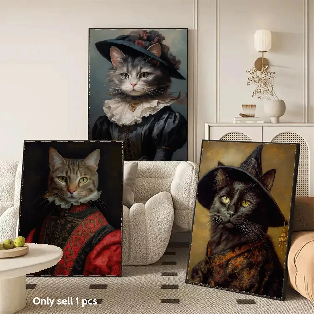 Renaissance Cat Portrait Black Cat HD Calligraphy Canvas Wall Art Poster For Bedroom Living Room Decor