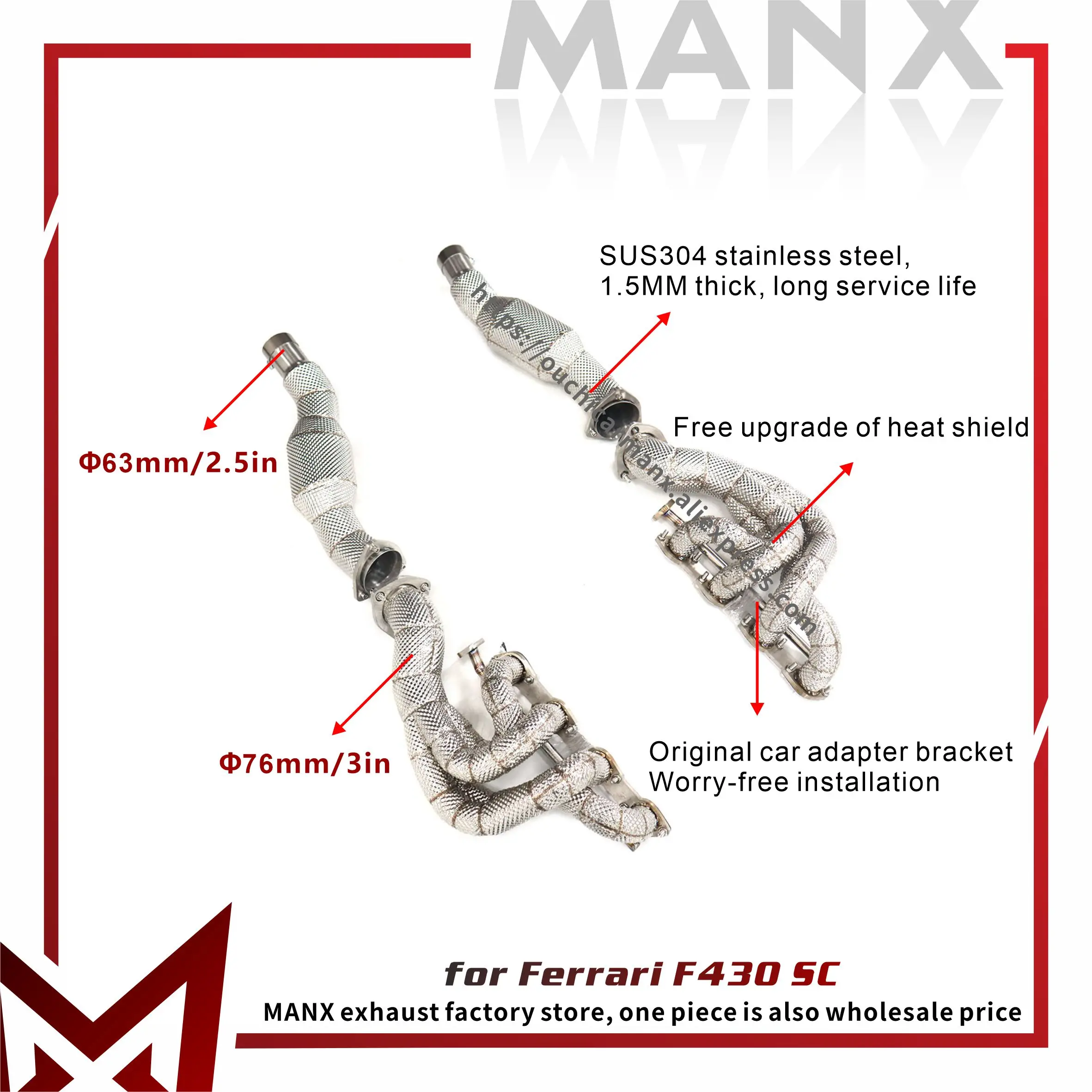 

MANX Exhaust system for Ferrari F430 SC Manifold SS304 High precision Increase pipe diamete Downpipe Heat shields