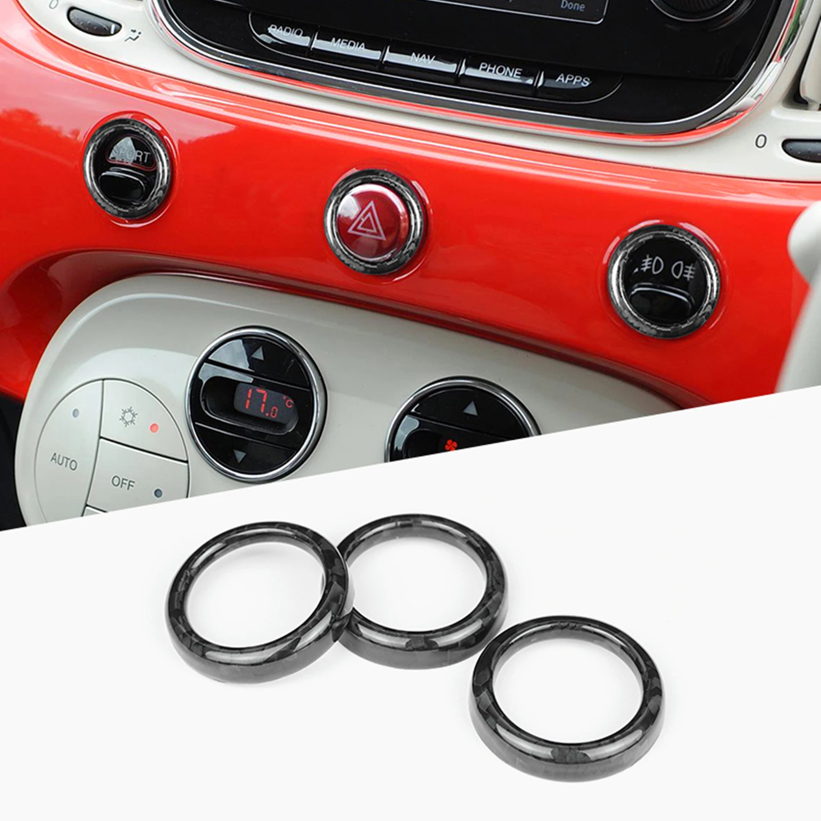 

For Fiat 500 2008+ Abarth 595 695 2012+ Real Dry Carbon Fiber Interior Dashboard Instrument Panel Switch Button Cover Trim Ring