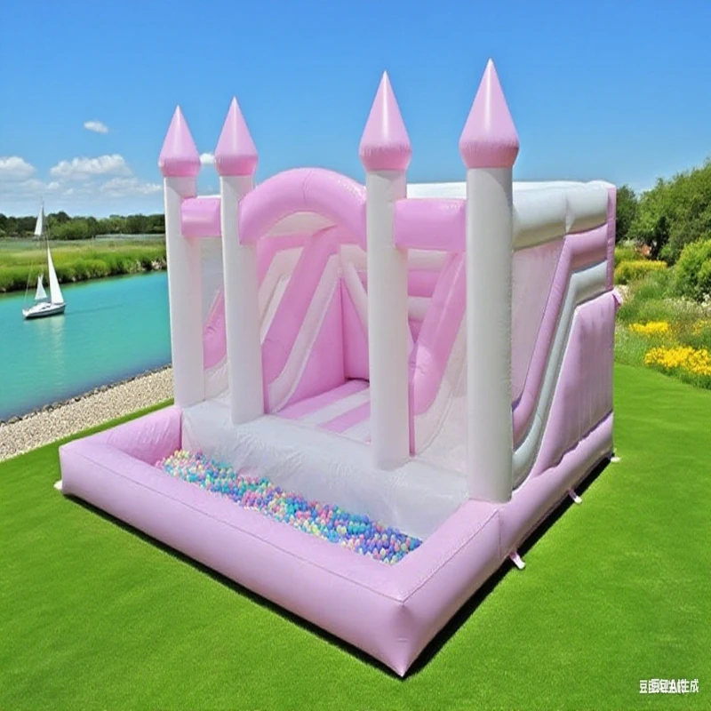 

Pink outdoor inflatable castle with slide and pool, perfect for birthday parties and summer activities for adults and children