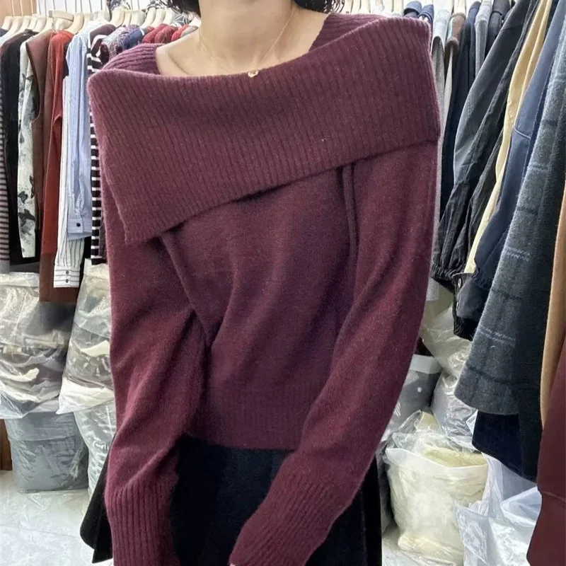 Otoño Invierno nueva moda mujer Color sólido Simple básico elegante Casual moda Slash cuello manga larga suéter de punto jersey