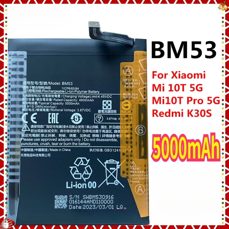 Battery for Xiaomi Mi 10T 5G ,Mi10T Pro 5G ,Redmi K30SULTRA Replacement Phone Batteries BM53 5000mAh