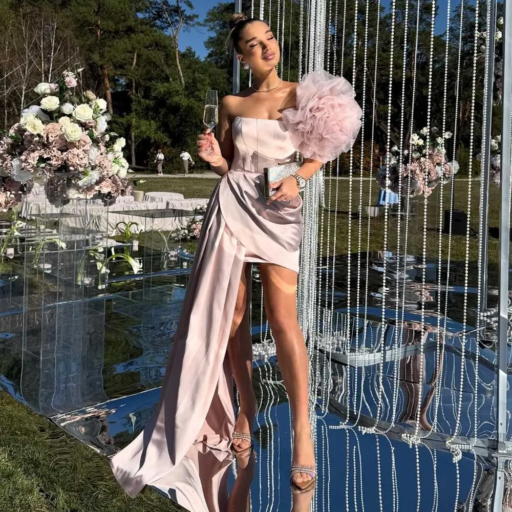 

Chic Dusty Pink Short Prom Dresses Ball Flower One Shoulder Silk Taffeta Wedding Guest Dress Side Train Birthday Part Dresses