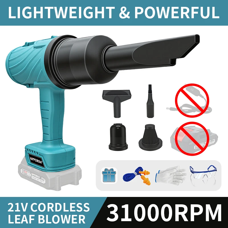 Soprador de Ar Elétrico Portátil Sem Fio 2 em 1 HIPPCRON 31000RPM de Alta Velocidade, Aspirador de Pó (SEM BATERIA) 25m/s para Bateria Makita 21V