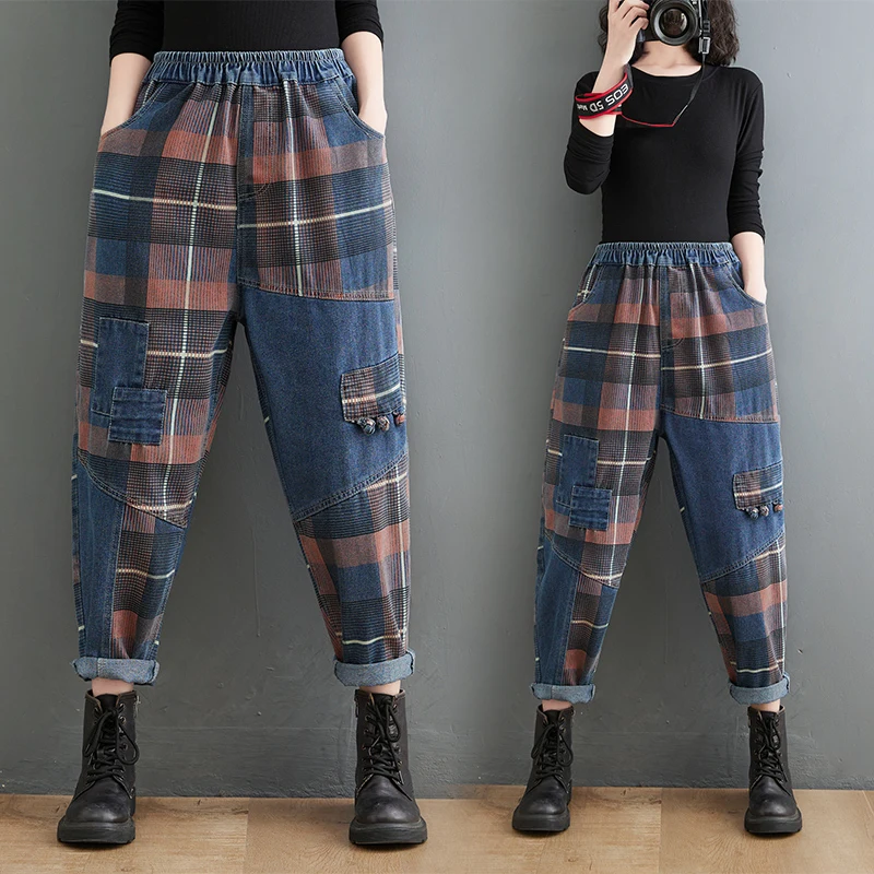 

Fashion Autumn Oversized Jeans New Women's Elastic Waist Loose Wash Printed Plaid Harem Pants Vintage Female Indie Folk Trousers