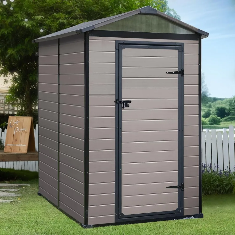 4x6 Feet Outdoor Resin Terrace Storage Shed, Small Tool Shed with Floor, Garden Shed with Lockable Door