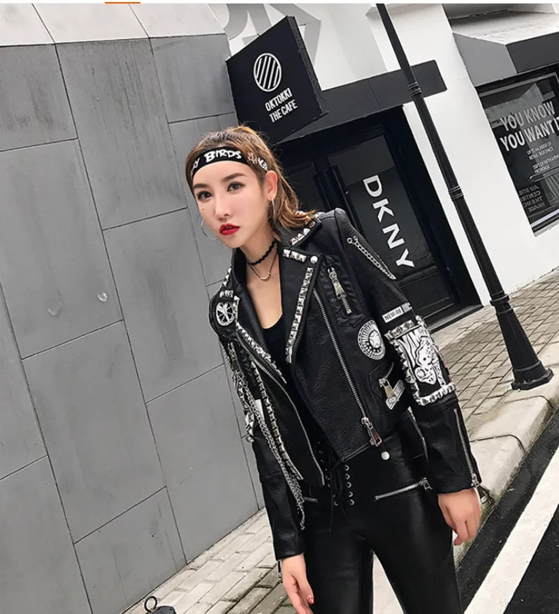 

Rivet Heavy Industry Motorcycle Leather Coat Women's Fashion Collar Jacket Top