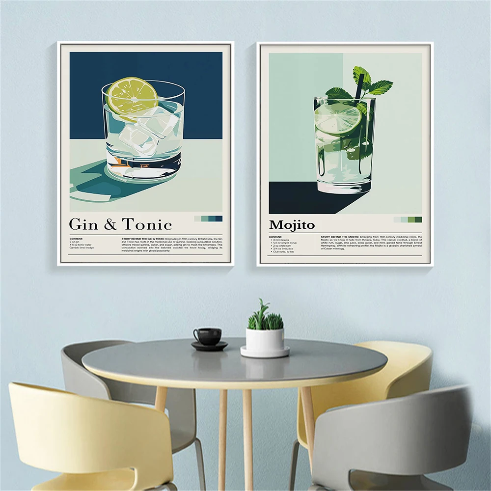 Minimalist Retro Cocktail Drink Poster Wall Art Gin Tonic Mojito Margarita Bubble Tea Bar Kitchen Decor Canvas Print Home Decor