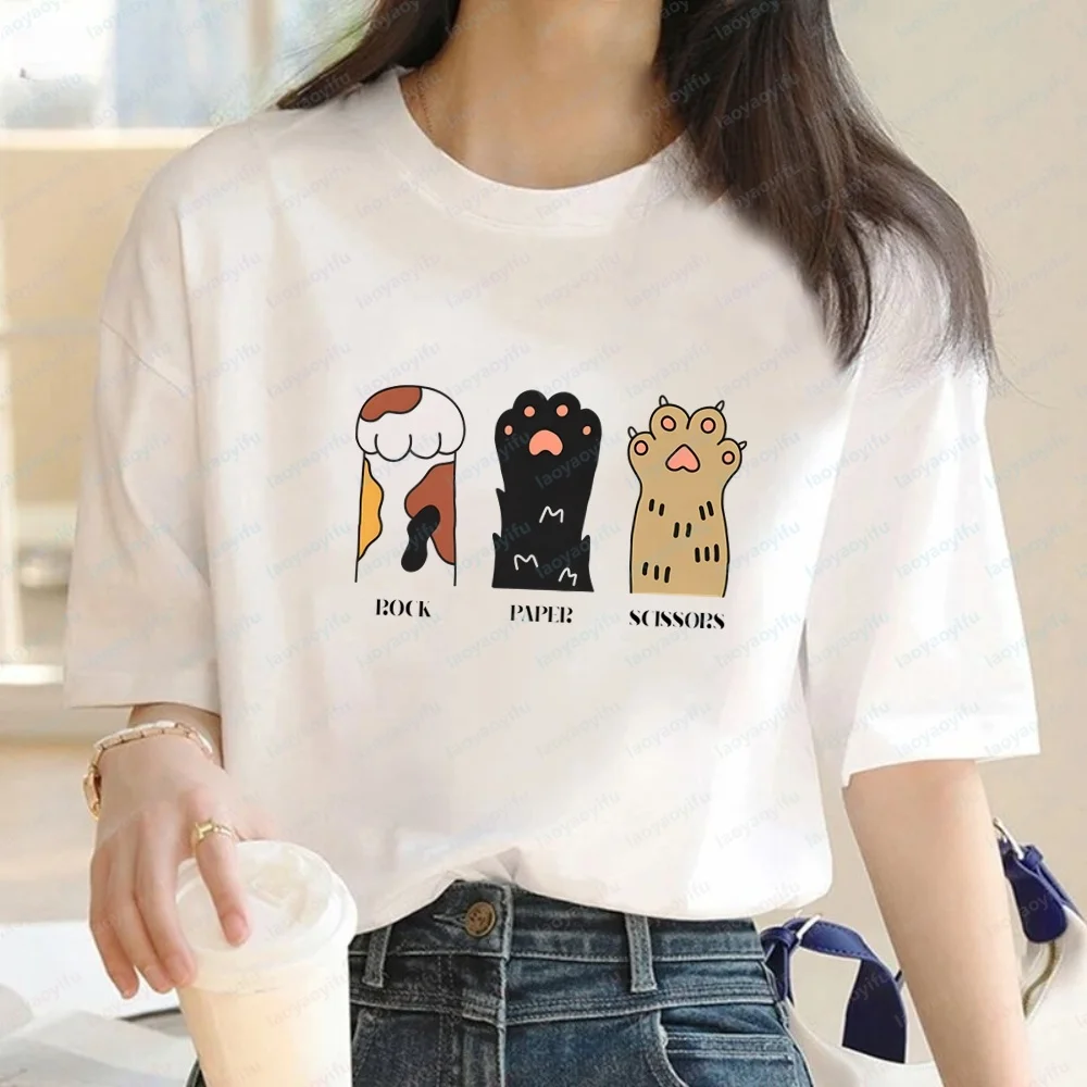 Cat Paw Rock Paper Scissors Game Female Y2K Loose Tee Retro Print Short Sleeve T-shirt Teen Girls Streetwear Casual Tops